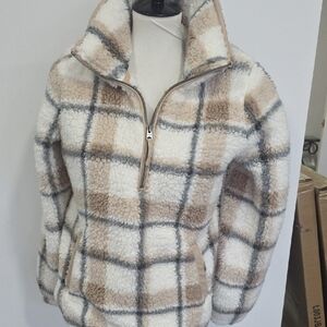 Abercrombie & Fitch Plaid Teddy Jacket - Cream and Tan